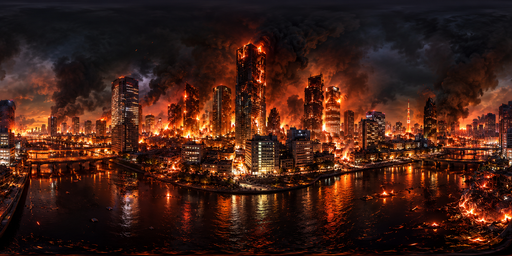 Smoky Firelit Night Skyline Over River HDRI Sphere preview showing a 360-degree HDRI environment sphere
