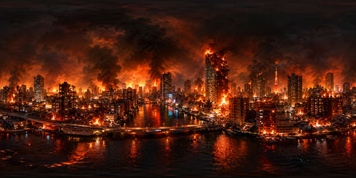 Fiery Orange City Waterfront At Night HDRI Sphere preview showing a 360-degree HDRI environment sphere