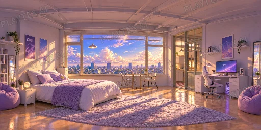 Pink Golden-Hour Loft Bedroom HDRI Sphere preview showing a 360-degree HDRI environment sphere