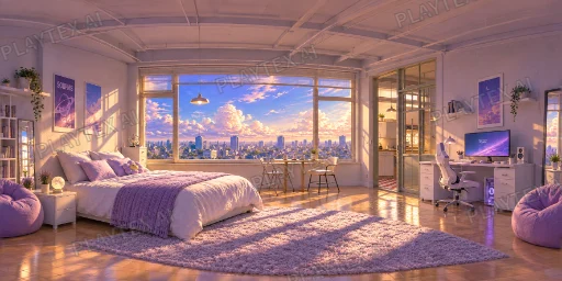 Lavender Sunset City Bedroom Interior HDRI Sphere preview showing a 360-degree HDRI environment sphere