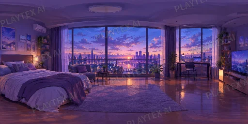 Violet Dusk Skyline Loft Interior HDRI Sphere preview showing a 360-degree HDRI environment sphere