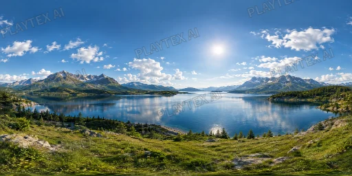 Clear Noon Mountain Lake Basin HDRI Sphere preview showing a 360-degree HDRI environment sphere