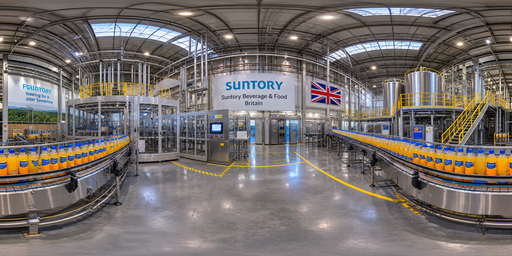 Bright Daylit Industrial Hall With Blue-yellow Lines HDRI Sphere preview showing a 360-degree HDRI environment sphere