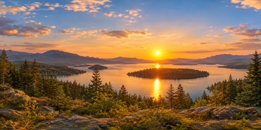 Twin-lake Forest Islands Under Peach Sunset HDRI Sphere preview showing a 360-degree HDRI environment sphere