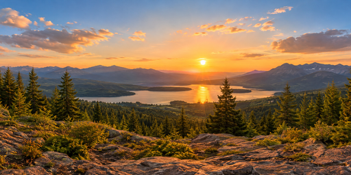 Golden Sunset Over Pine-lined Alpine Lake HDRI Sphere preview showing a 360-degree HDRI environment sphere