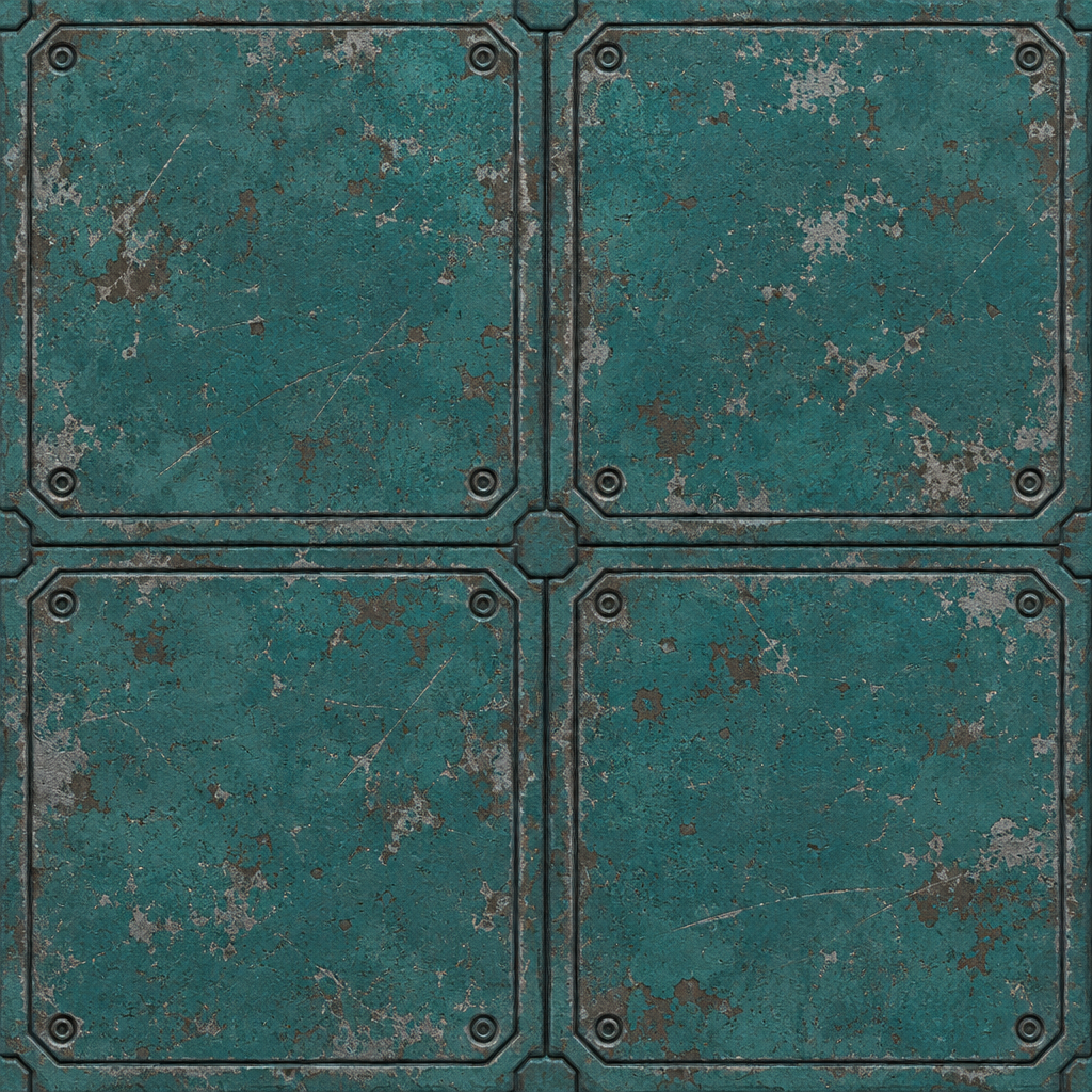 Blue-Teal Steel Panel Grid with Corner Bolts and Rust Texture preview showing a worn metal texture