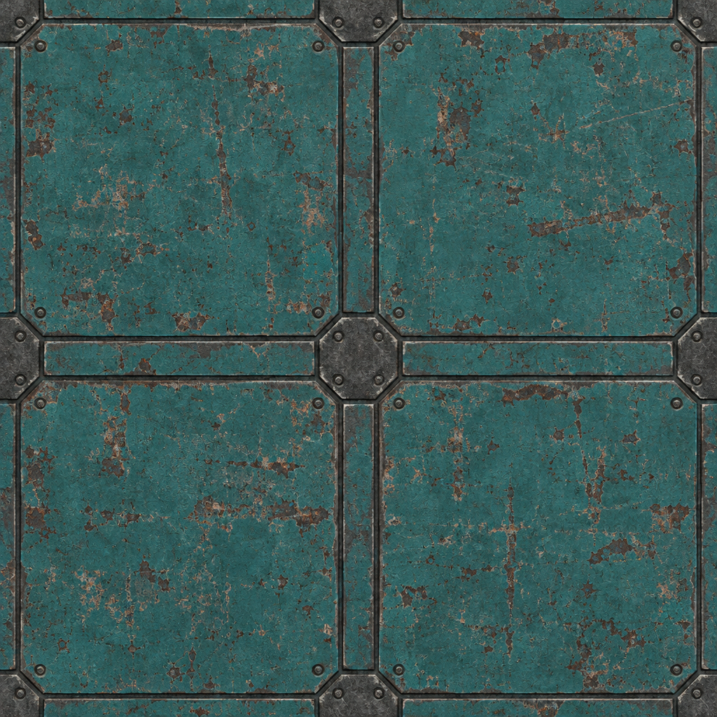 Oxidized Blue-Teal Riveted Sci-Fi Metal Panel Texture preview showing a worn sci-fi texture