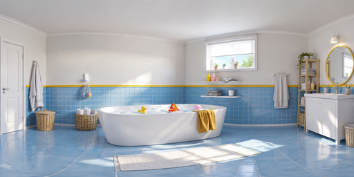 Sunlit White Bathroom With Blue Tile And Yellow Trim HDRI Sphere preview showing a 360-degree HDRI environment sphere