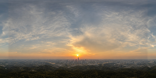 Golden-hour Haze Over Distant City Skyline HDRI Sphere preview showing a 360-degree HDRI environment sphere