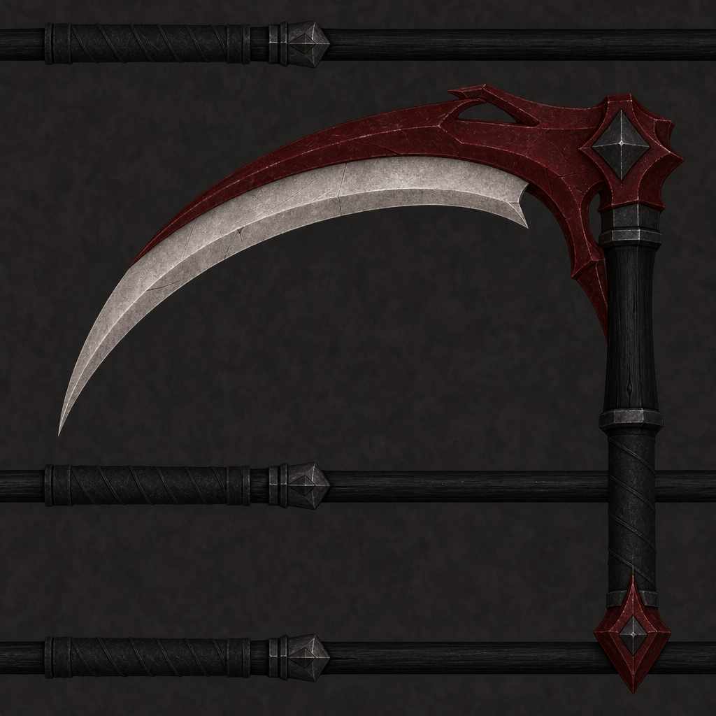 Black and Crimson Fantasy Scythe Image Texture preview showing a stylized metal texture