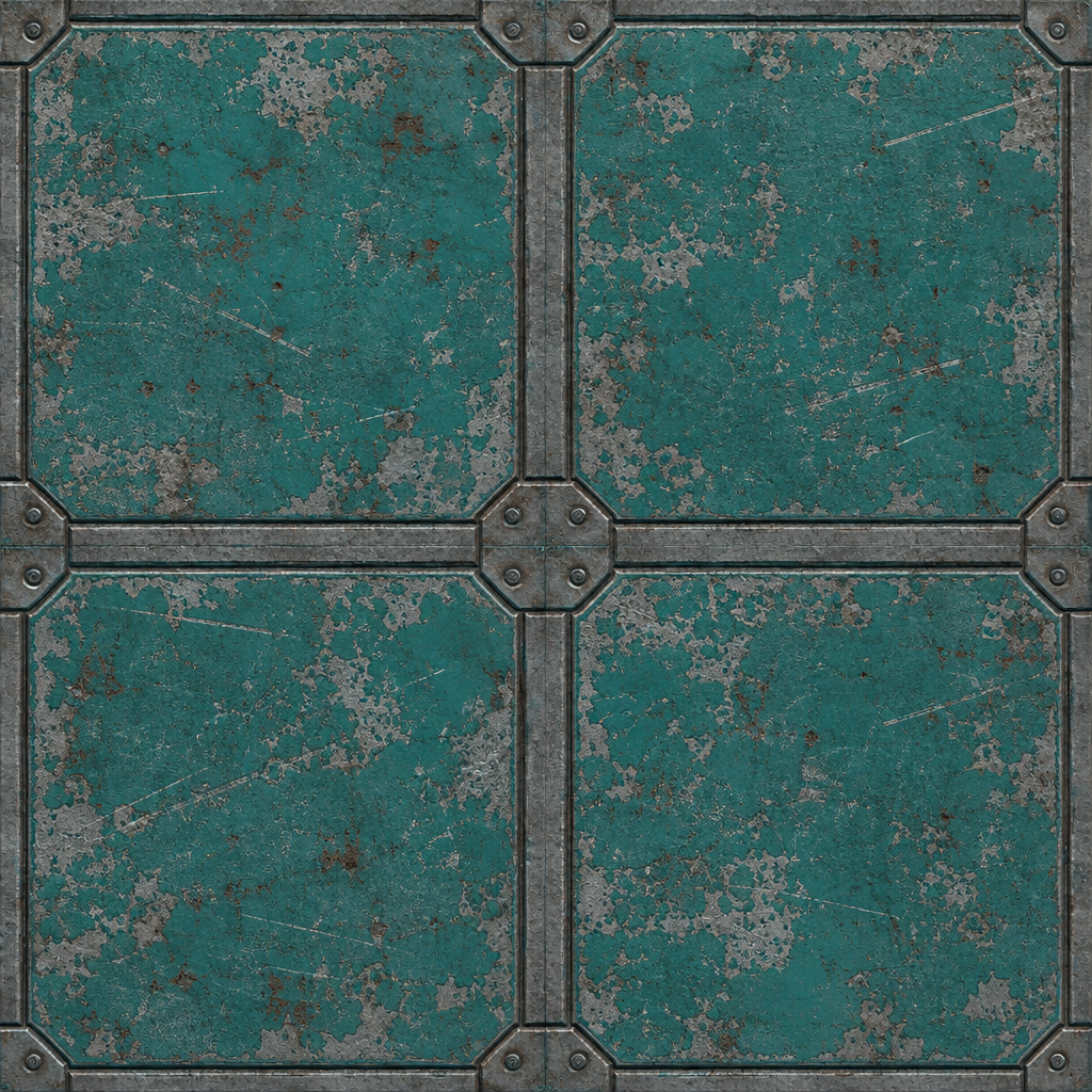 Weathered Dark Teal Cross-Braced Sci-Fi Metal Panel Texture preview showing a worn sci-fi texture