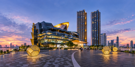 Blue-hour Glass City Plaza With Warm Gold Lights HDRI Sphere preview showing a 360-degree HDRI environment sphere