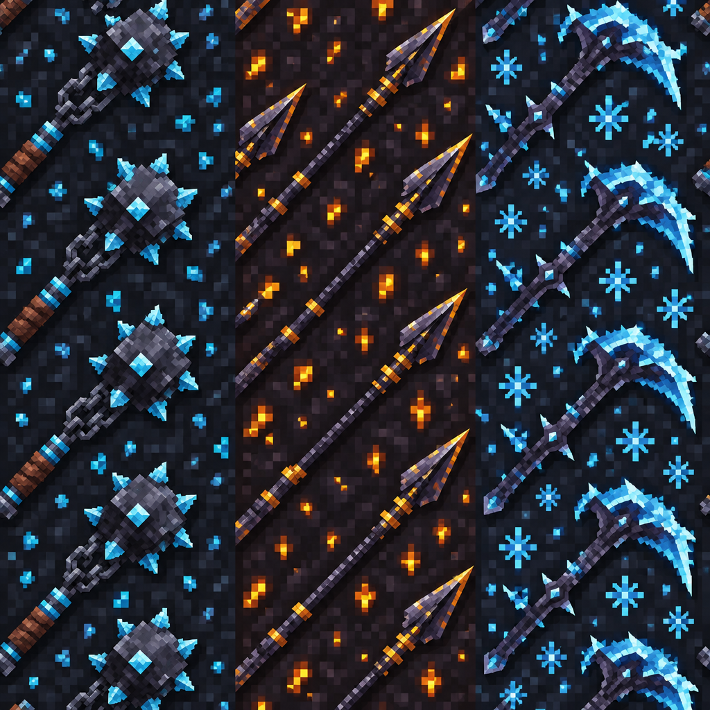 Dark Pixel-Art Cyan and Orange Fantasy Weapon Panels Texture preview showing a stylized snow texture