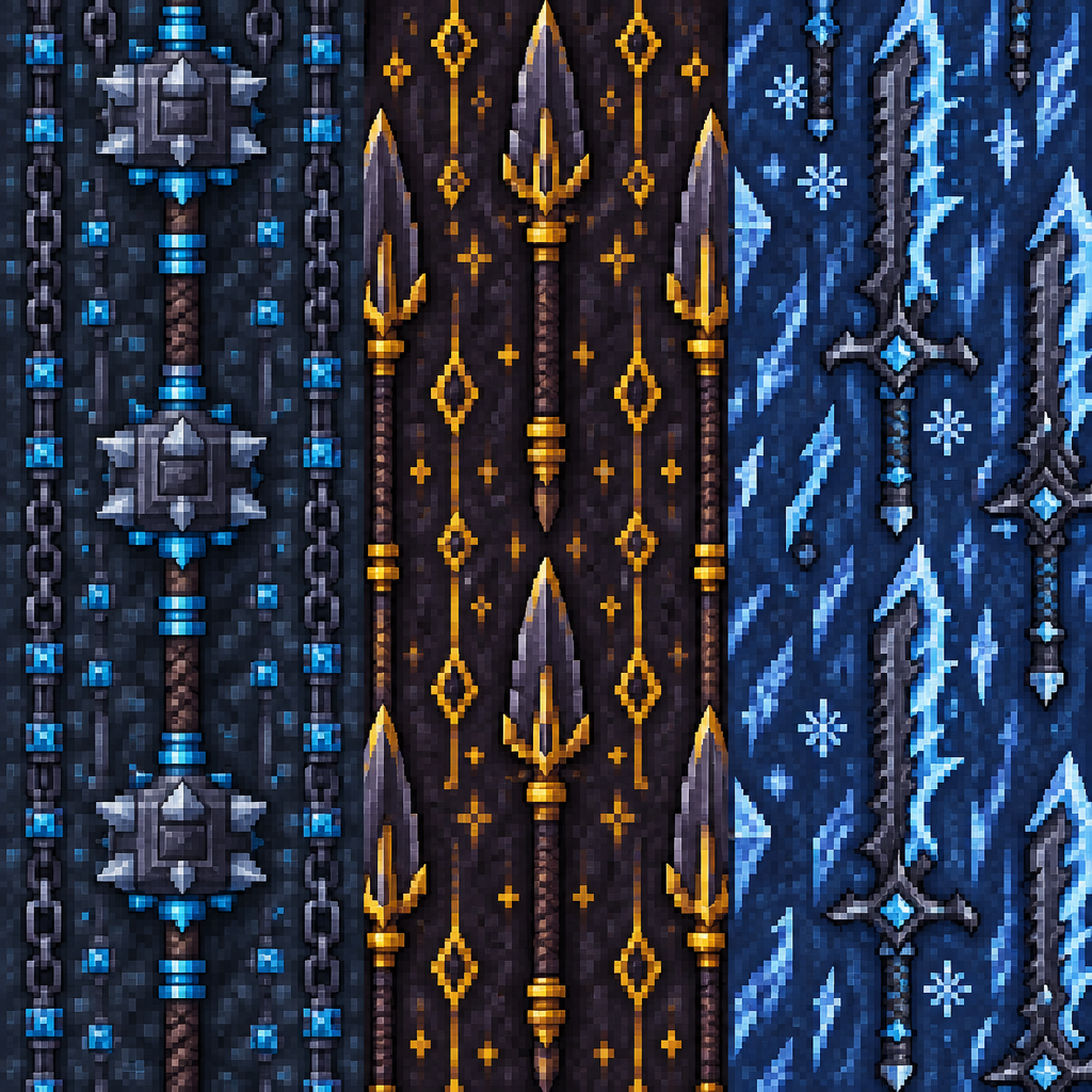 Dark Blue and Gold Pixel-Art Fantasy Weapon Triptych Texture preview showing a stylized ground texture