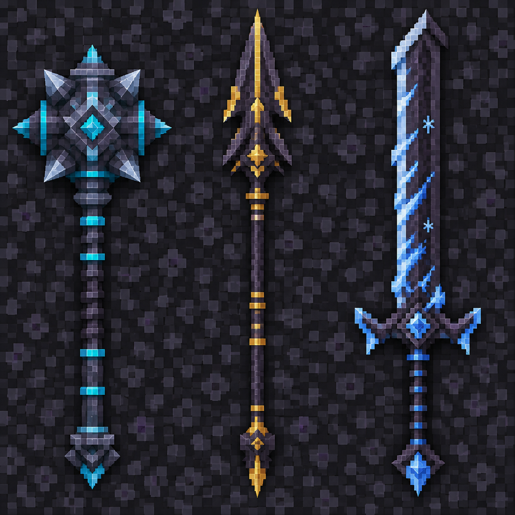 Dark Pixel-Art Cyan, Gold, and Ice-Blue Sword Panel Texture preview showing a stylized metal texture