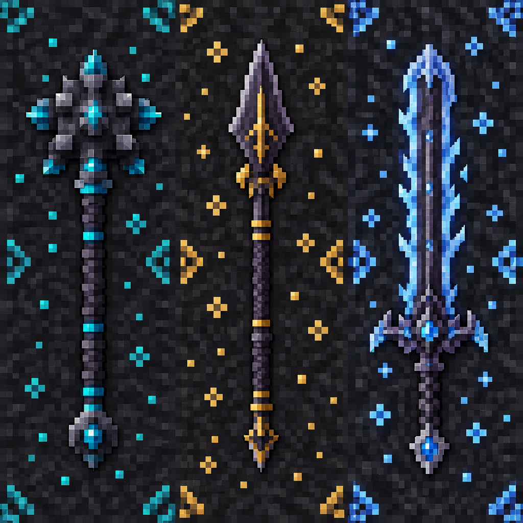 Charcoal Grid with Cyan, Gold, and Ice-Blue Pixel-Art Weapons Texture preview showing a stylized metal texture