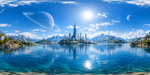 Blue Planetary Lake And Tower City At Clear Noon HDRI Sphere preview showing a 360-degree HDRI environment sphere
