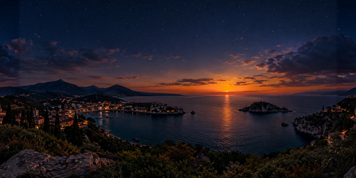Twilight Bay With Distant City Lights HDRI Sphere preview showing a 360-degree HDRI environment sphere