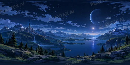 Deep Blue Crescent Moon Mountain Lake HDRI Sphere preview showing a 360-degree HDRI environment sphere