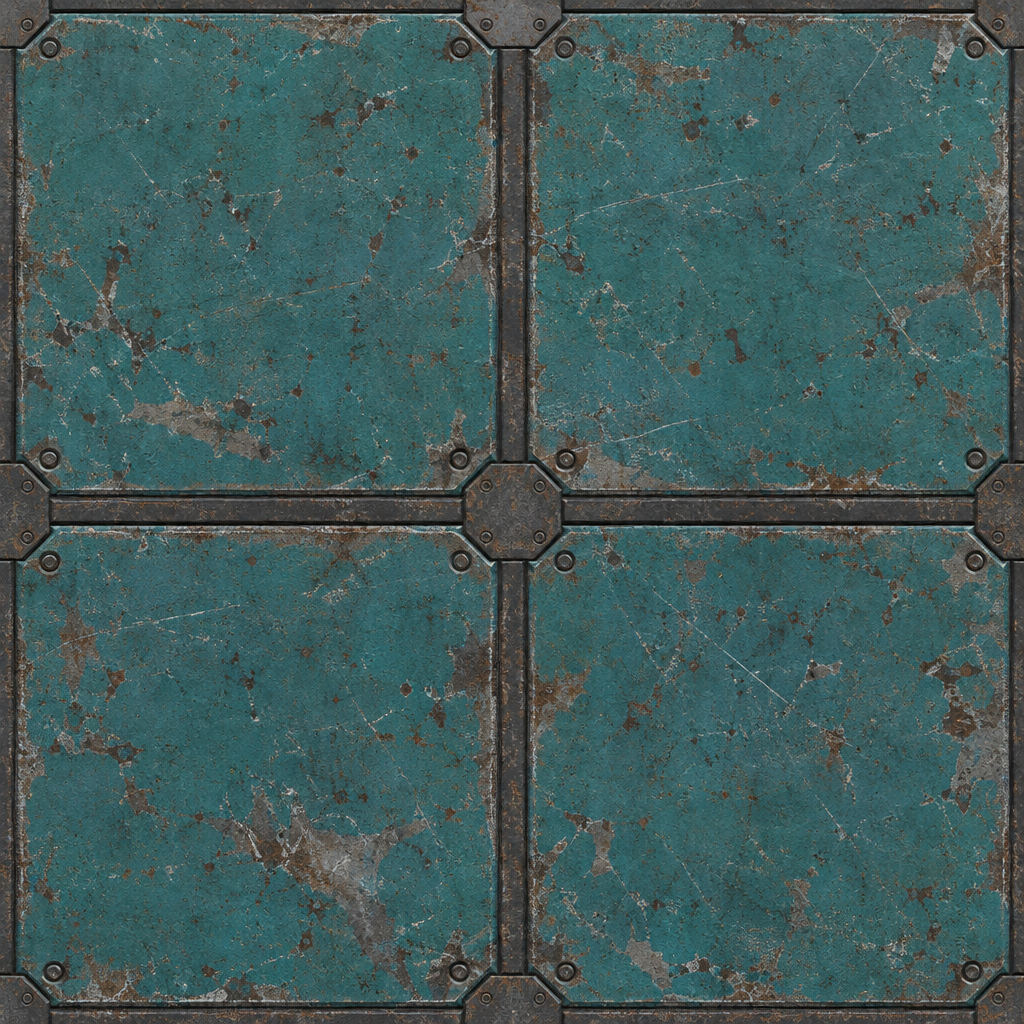 Weathered Teal Sci-Fi Metal Panel Grid Texture preview showing a worn sci-fi texture