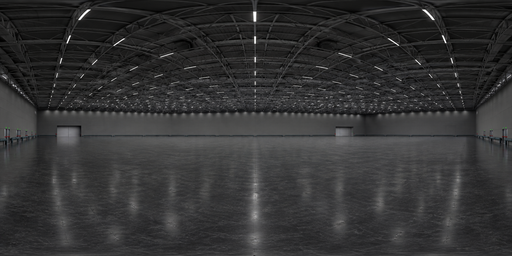 Empty Charcoal Hangar With Cool Overhead Strip Lights HDRI Sphere preview showing a 360-degree HDRI environment sphere