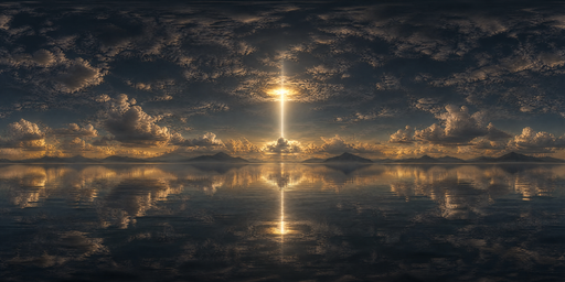 Golden Sunbeam Over Reflective Cloud Sea HDRI Sphere preview showing a 360-degree HDRI environment sphere