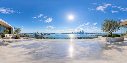 Coastal Rooftop Terrace In Clear Midday Light HDRI Sphere preview showing a 360-degree HDRI environment sphere