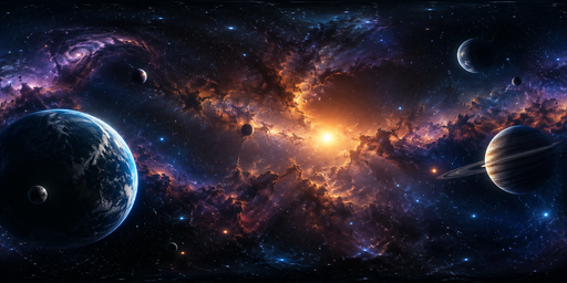 Violet Nebula And Ringed Planets In Deep Space HDRI Sphere preview showing a 360-degree HDRI environment sphere