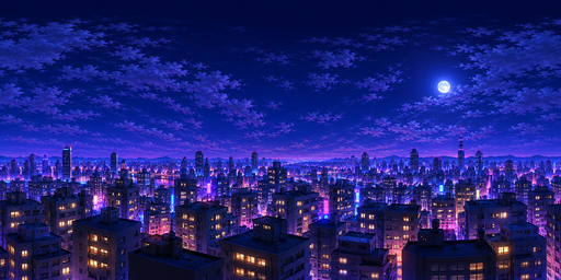 Moonlit Neon City Under Deep Blue Night Sky HDRI Sphere preview showing a 360-degree HDRI environment sphere