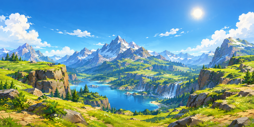 Bright Sun Over A Stylized Lake And Green Mountain Cliffs HDRI Sphere preview showing a 360-degree HDRI environment sphere
