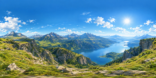 Bright-daylight Alpine Lake, Blue Ridges And Wispy Clouds HDRI Sphere preview showing a 360-degree HDRI environment sphere