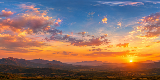 Blue And Amber Sunset Over Layered Mountains HDRI Sphere preview showing a 360-degree HDRI environment sphere