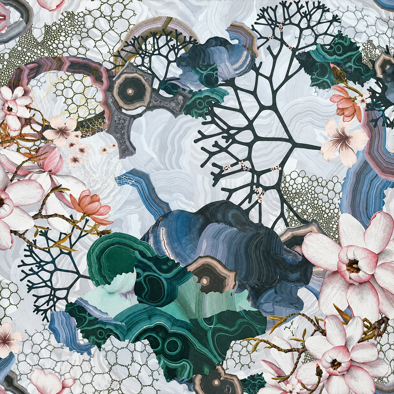 Ivory, Teal, and Blush Botanical Geode Pattern Texture preview showing a industrial fabric texture