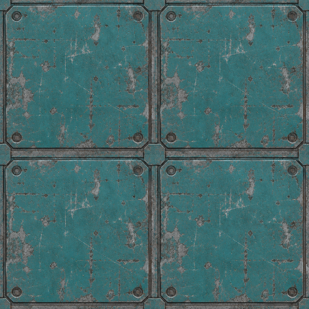 Weathered Teal Steel Grid with Pale Paint Loss and Corner Bolts preview showing a worn metal texture