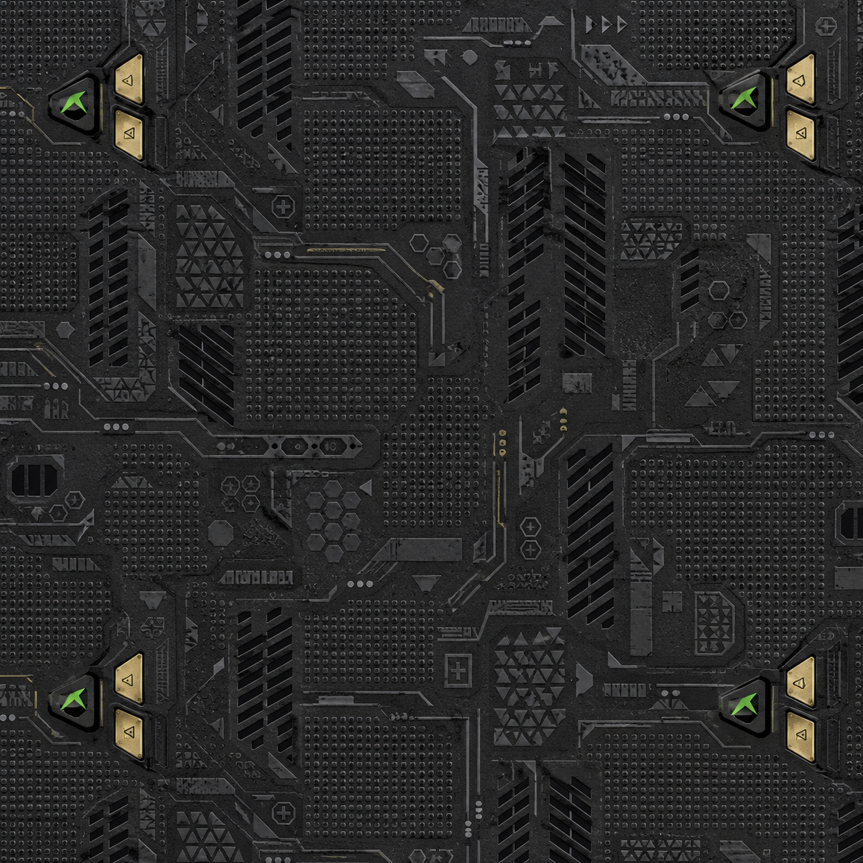Black Vented Sci-Fi Hard-Surface Panel with Yellow Insets Texture preview showing a industrial sci-fi texture