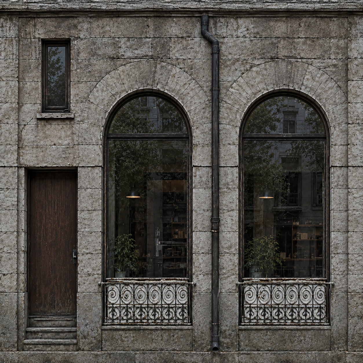 Weathered Gray Stone Facade with Arched Shop Windows Texture preview showing a worn facade texture