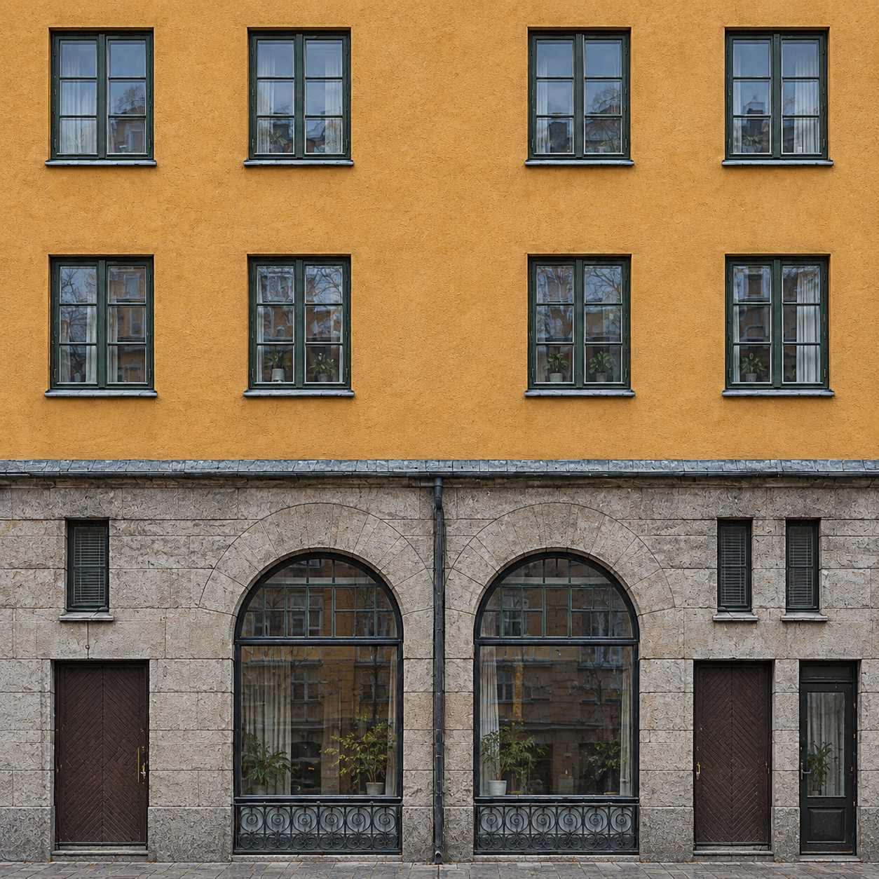 Ochre Stucco Building Facade with a Dark Window Grid Texture preview showing a rough facade texture