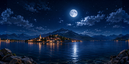 Blue Moonlit Mountain Lake Village Under Broken Clouds HDRI Sphere preview showing a 360-degree HDRI environment sphere