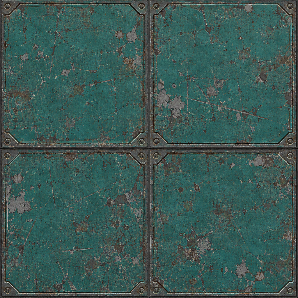 Chipped Teal Four-Square Riveted Metal Panel Texture preview showing a worn sci-fi texture