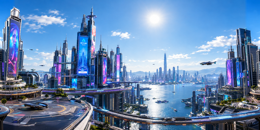Blue-water Futuristic Waterfront City HDRI Sphere preview showing a 360-degree HDRI environment sphere