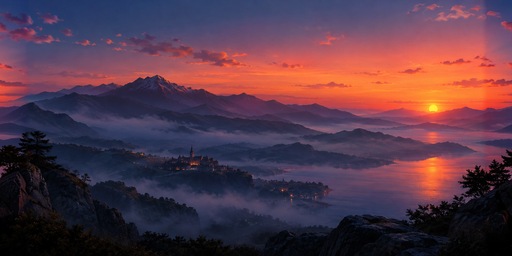 Misty Mountain Lake At A Magenta-orange Sunset HDRI Sphere preview showing a 360-degree HDRI environment sphere