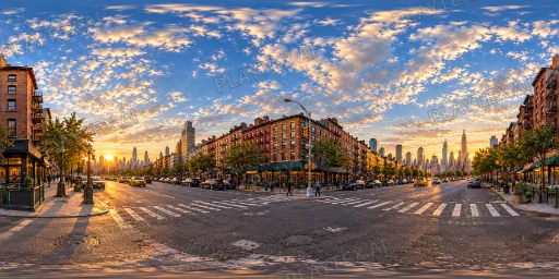 Golden Blue-Sky Manhattan Intersection HDRI Sphere preview showing a 360-degree HDRI environment sphere