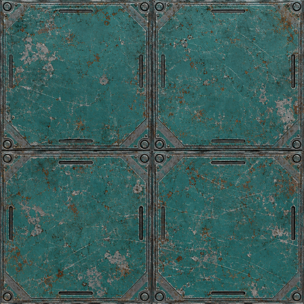 Weathered Teal Riveted Sci-Fi Plate Texture preview showing a worn sci-fi texture