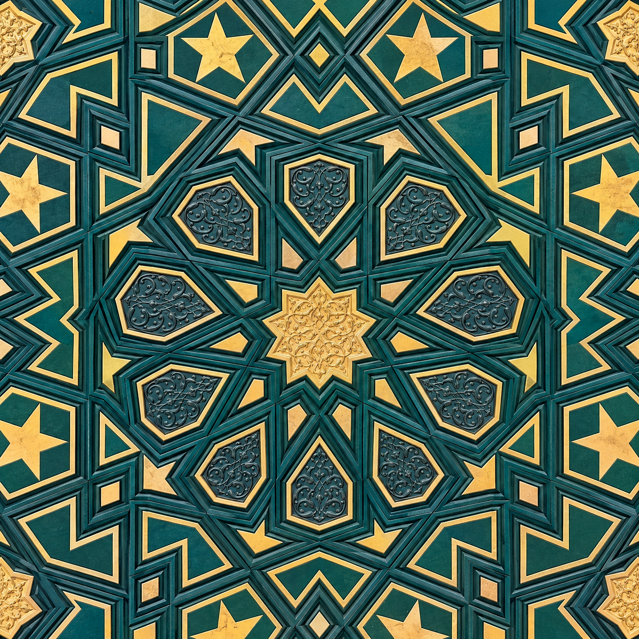 Deep Teal and Gold Star-Polygon Ceramic Tile Texture preview showing a surface ceramic texture