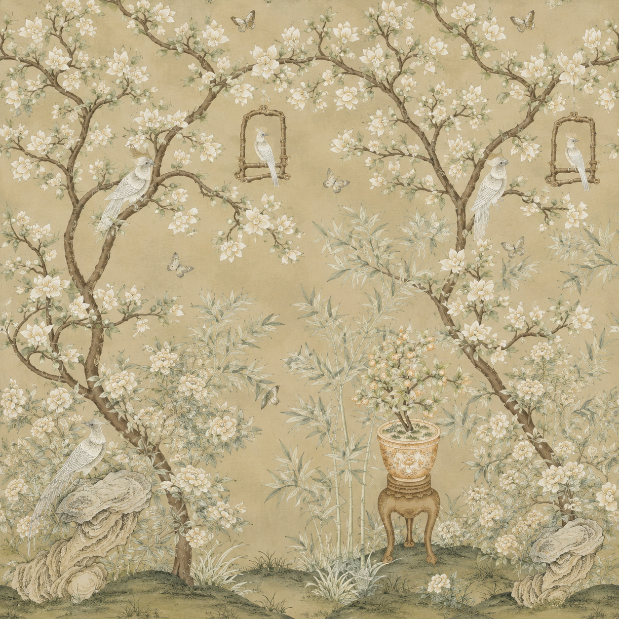 Faded Sand Chinoiserie Bird-and-Blossom Wallpaper Texture preview showing a natural foliage texture