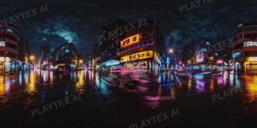 Neon Urban Crossroads in Rain HDRI Sphere preview showing a 360-degree HDRI environment sphere