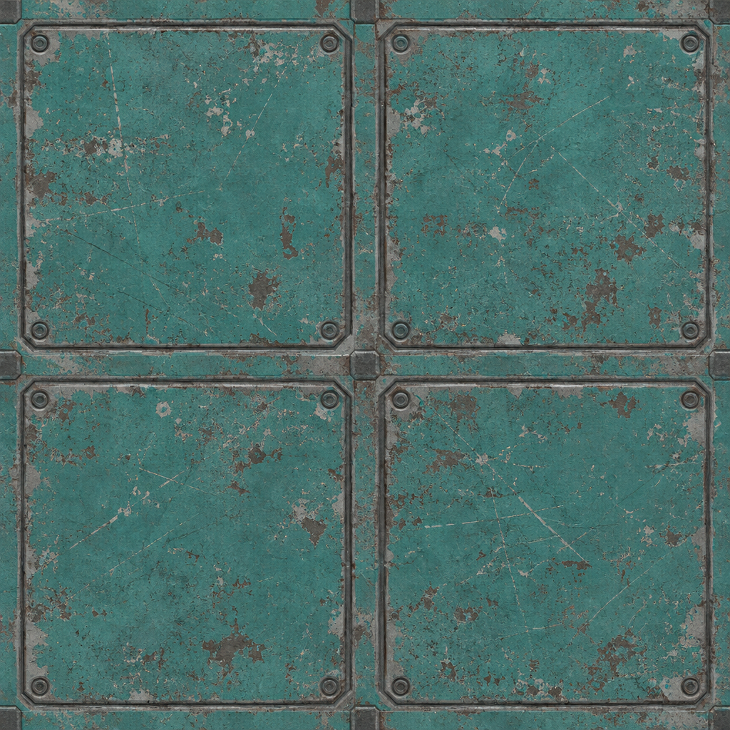 Scratched Teal Four-Plate Sci-Fi Panel Texture preview showing a worn sci-fi texture