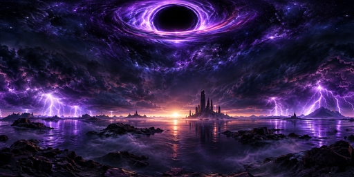 Violet Vortex Lightning Over Rocky Twilight Lake HDRI Sphere preview showing a 360-degree HDRI environment sphere