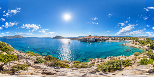 Turquoise Rocky Coast, Clear Noon HDRI Sphere preview showing a 360-degree HDRI environment sphere