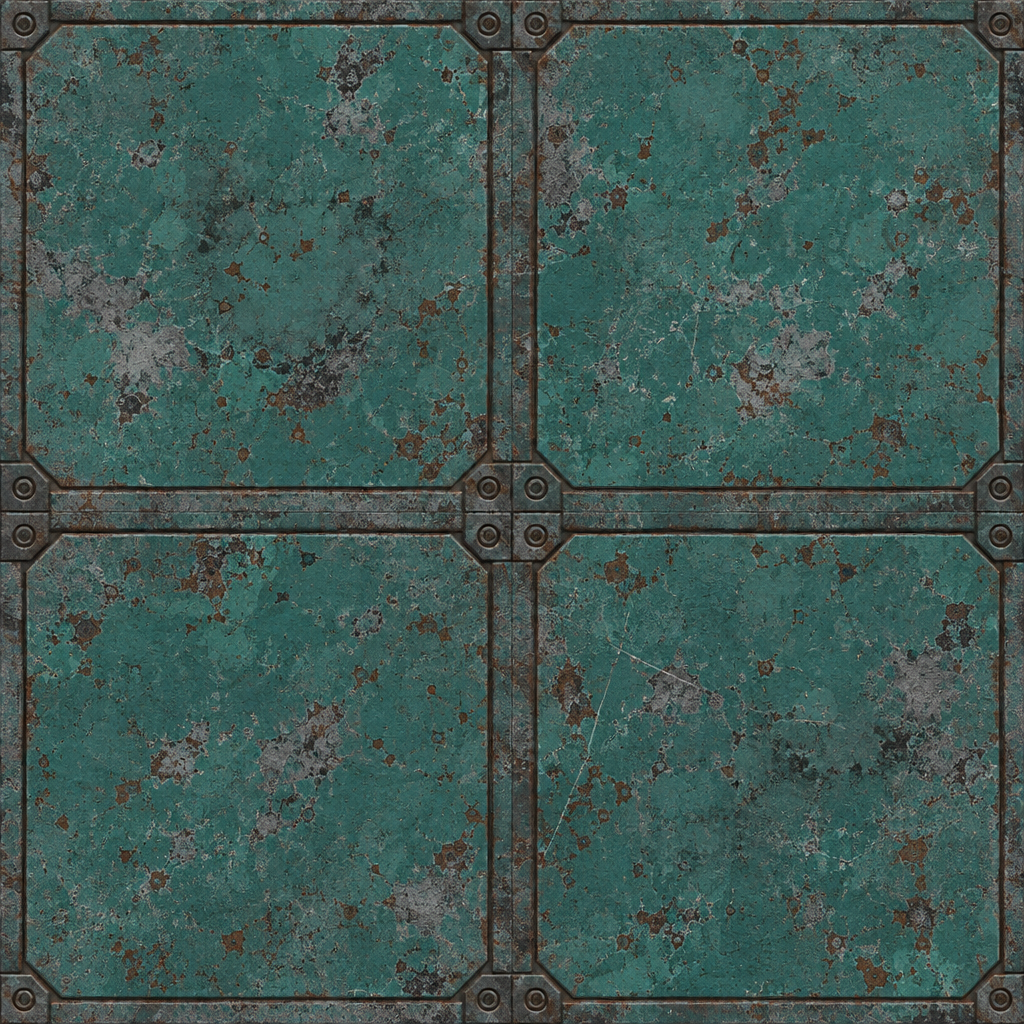 Teal Rusted Metal Cross-Grid Panels with Bolts Texture preview showing a worn metal texture